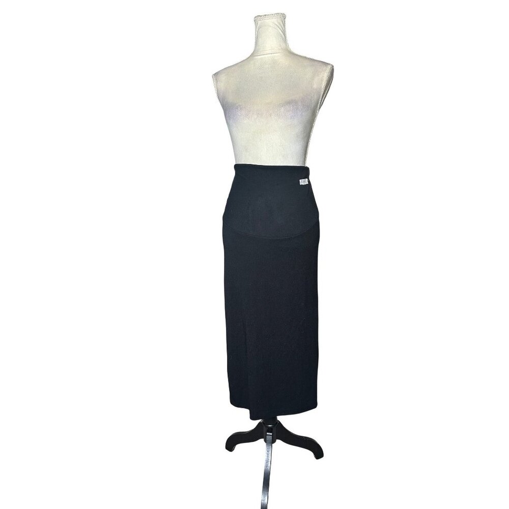 Soo Jung Black Ribbed High Waisted Midi Pencil Skirt Back Slit Size S Strtchy